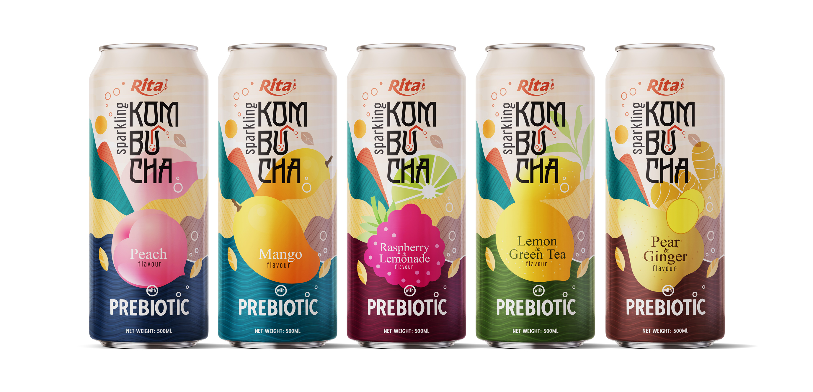 Series 5 cans Sparkling Kombucha Prebiotic with tropical fruit juice