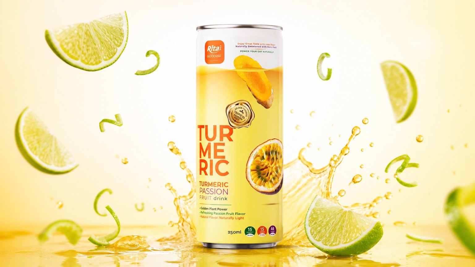 RITA Less Sugar Turmeric Passion Fruit Drink 250ml Slim Can Poster 2