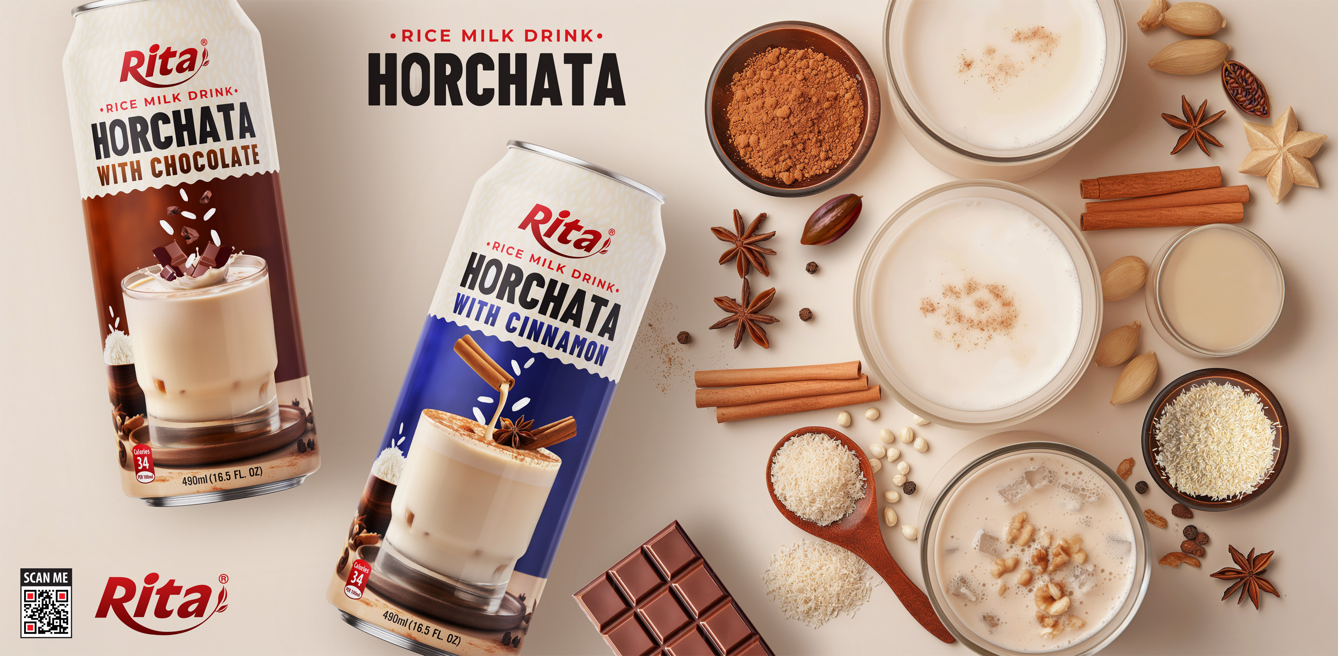 Дизайн RITA Собственный бренд Рисовый молочный напиток Horchata банки 490 мл