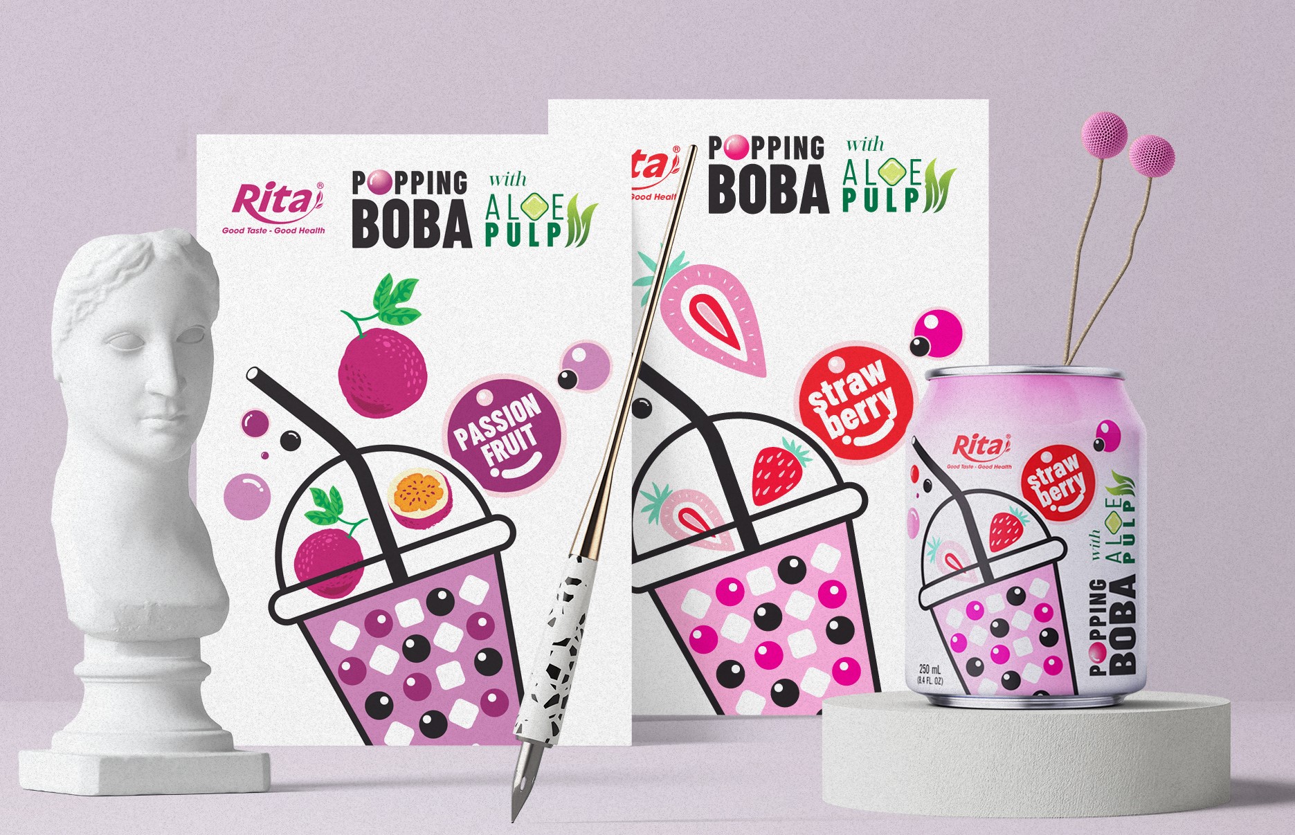 Плакат бренда RITA Popping Boba с мякотью алоэ и тропическими фруктами