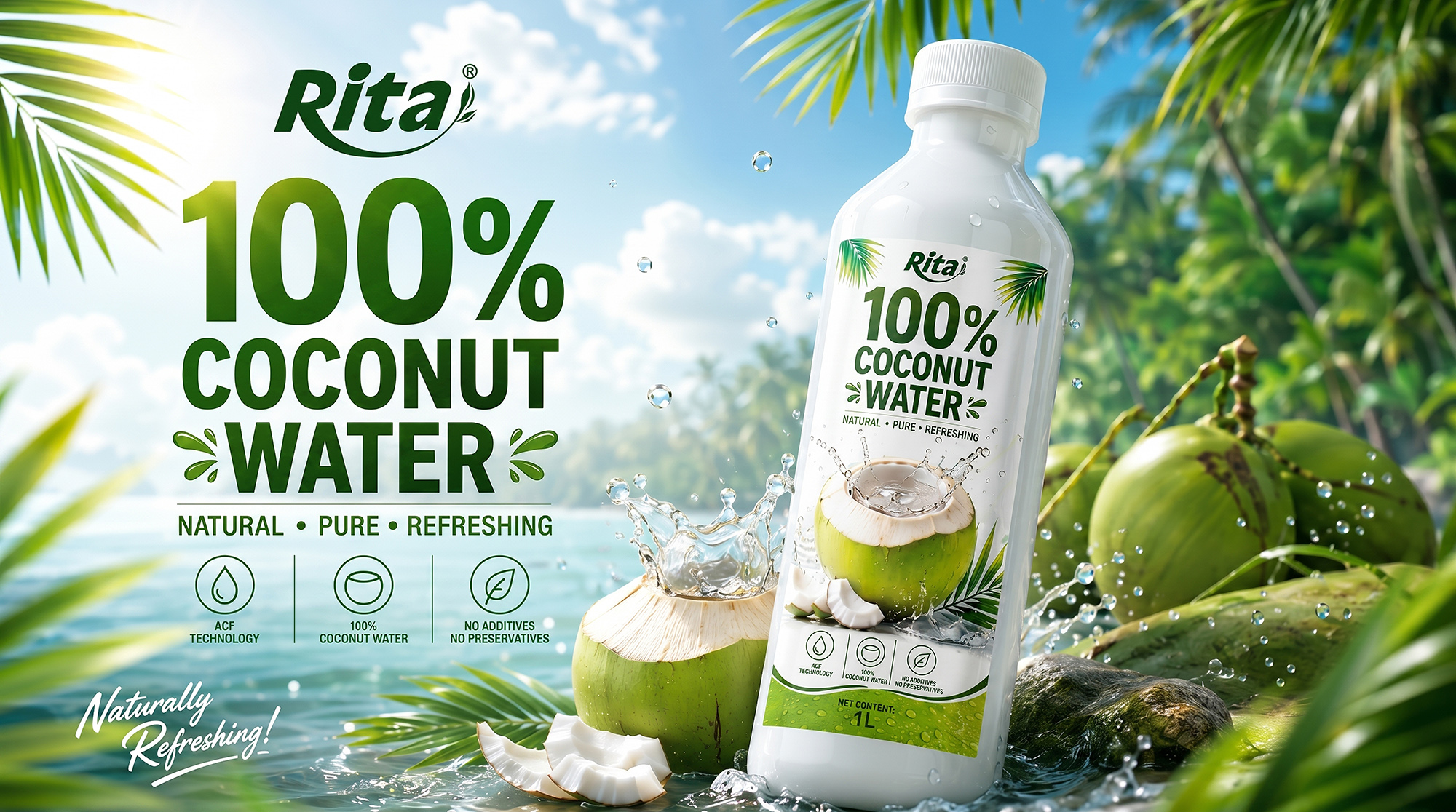 100% Pure Young Coconut Water 1L PET Bottle Wholesale Poster 1