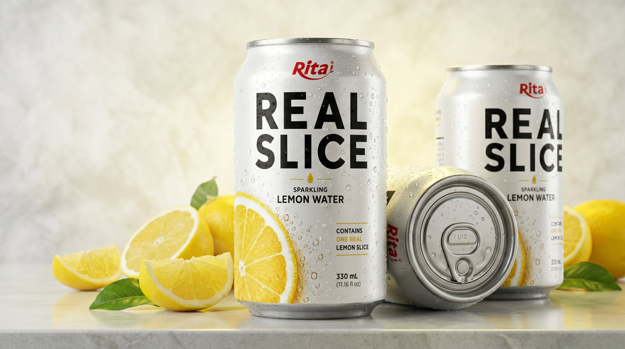 Sparkling Lemon Water with Real Fruit Slices 325ml Can Poster 2